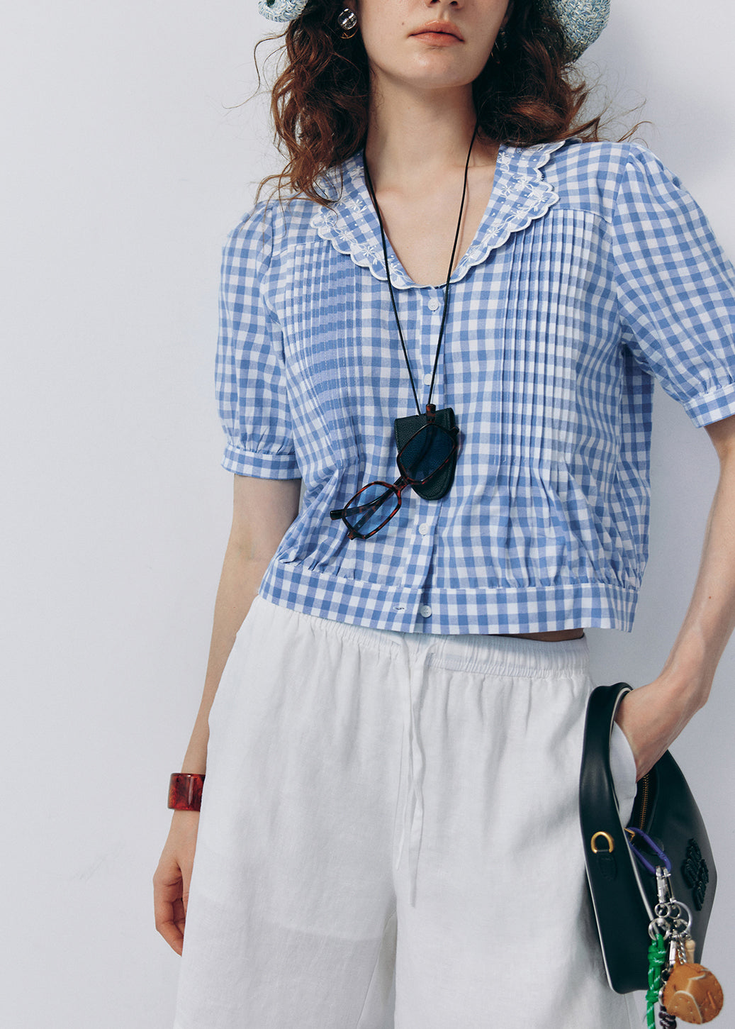 French Style Light Blue Puff Sleeve Embroidered Cotton Shirt Tops