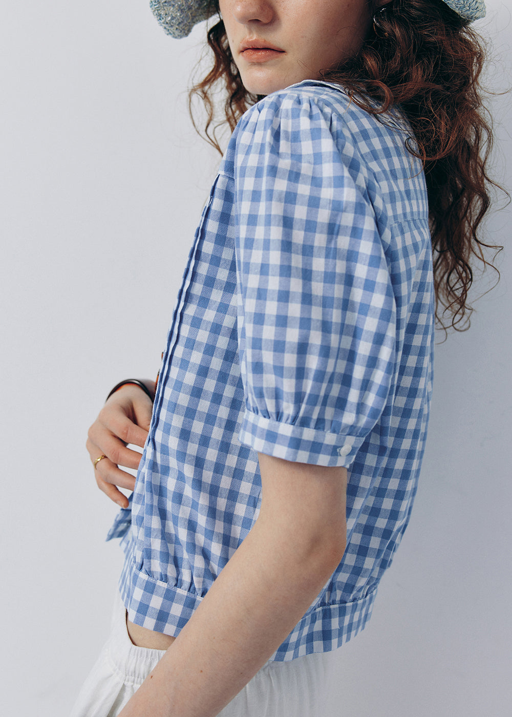 French Style Light Blue Puff Sleeve Embroidered Cotton Shirt Tops