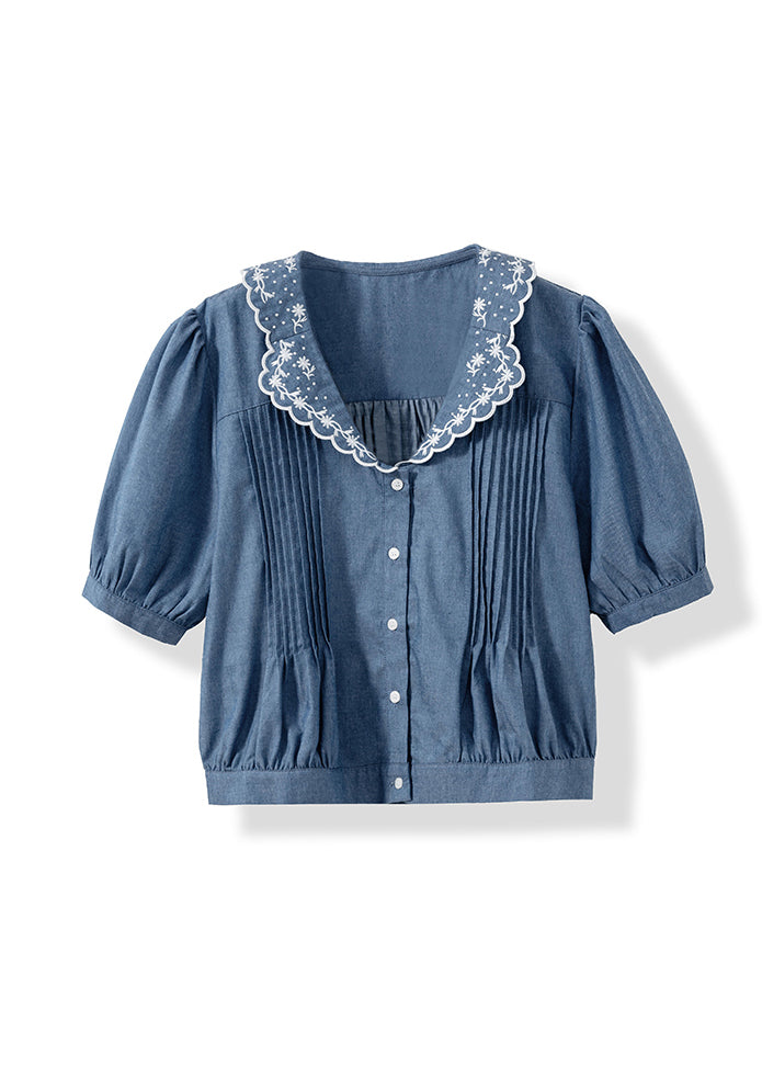 French Style Light Blue Puff Sleeve Embroidered Cotton Shirt Tops