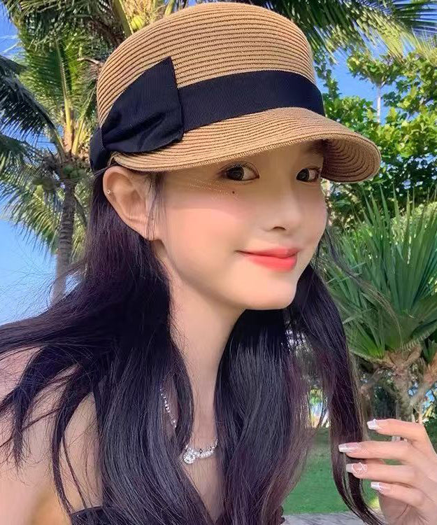 French Summer Beige Bow Straw Woven Sun Hat