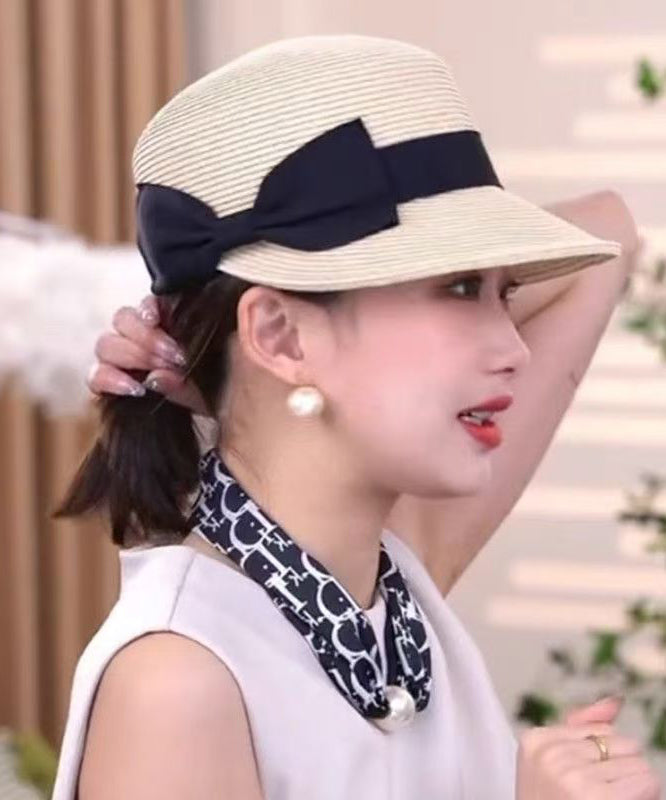 French Summer Beige Bow Straw Woven Sun Hat