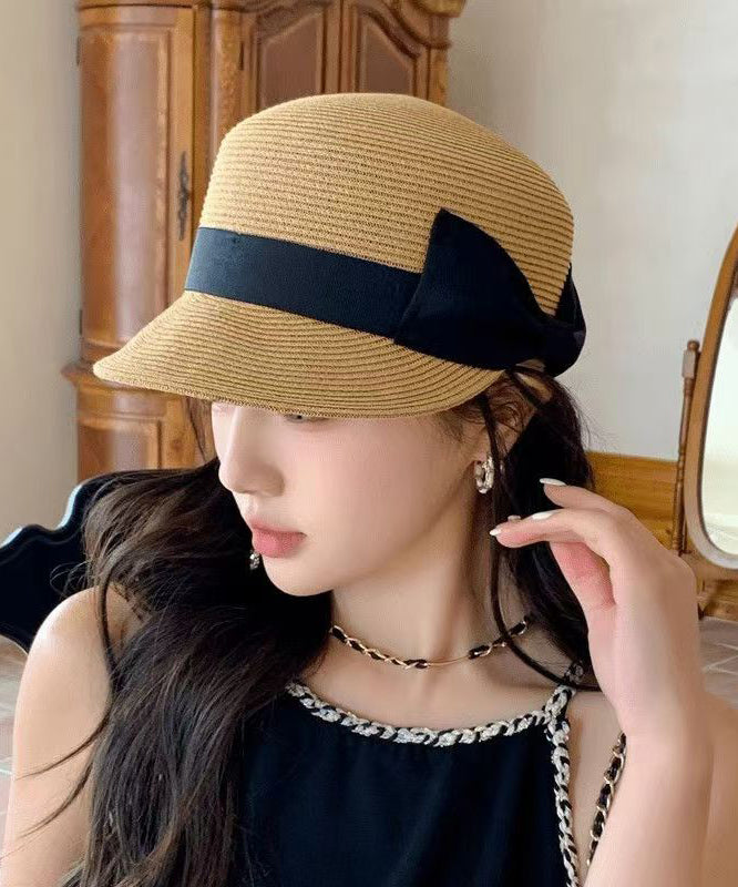 French Summer Beige Bow Straw Woven Sun Hat