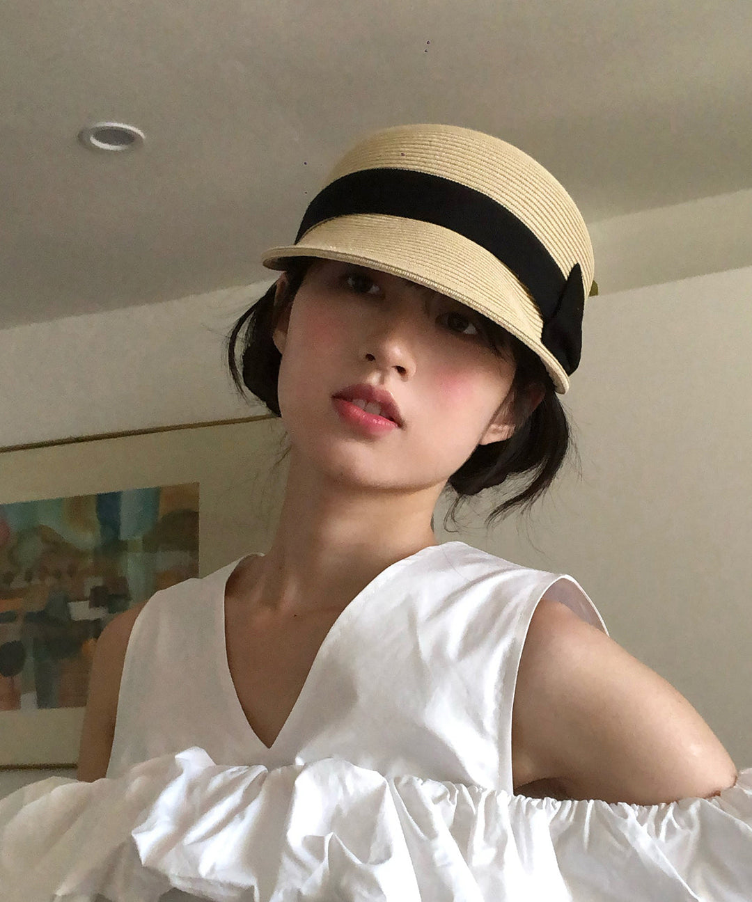 French Summer Beige Bow Straw Woven Sun Hat
