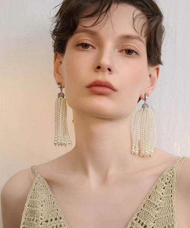 French Tassel Pearl Light Luxury Long Stud Earrings