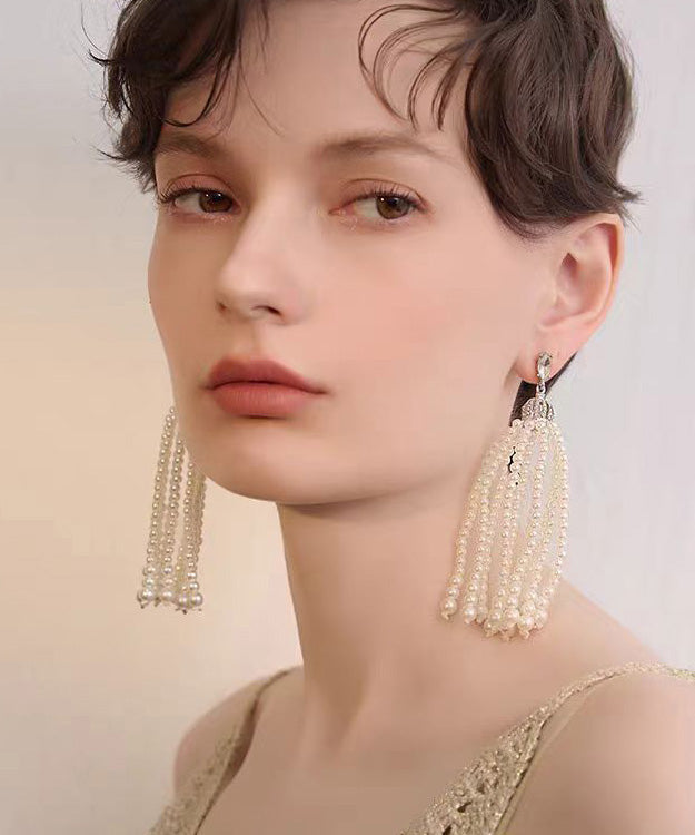 French Tassel Pearl Light Luxury Long Stud Earrings
