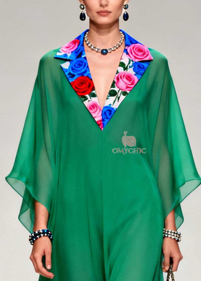 French Tea Green Notched Patchwork Chiffon Long Dresses Summer