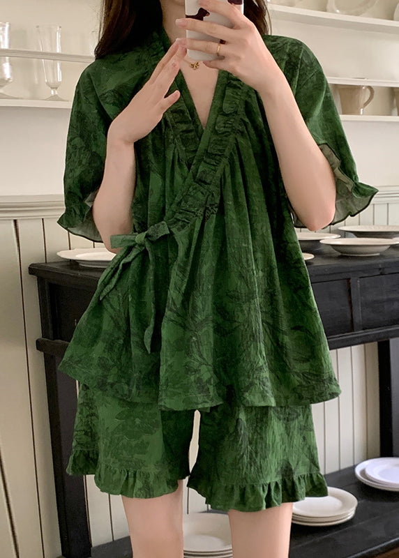 French Tea Green Ruffled Print Cotton Pajama Sets Summer