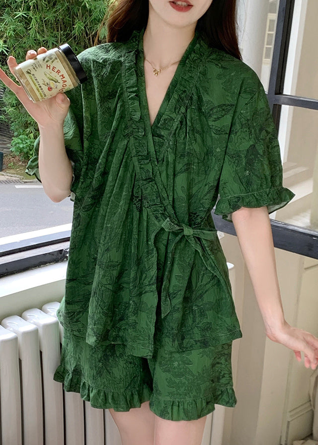 French Tea Green Ruffled Print Cotton Pajama Sets Summer