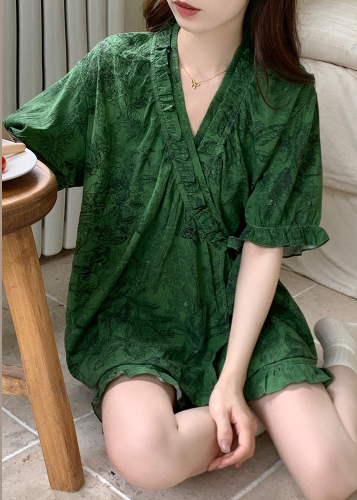 French Tea Green Ruffled Print Cotton Pajama Sets Summer