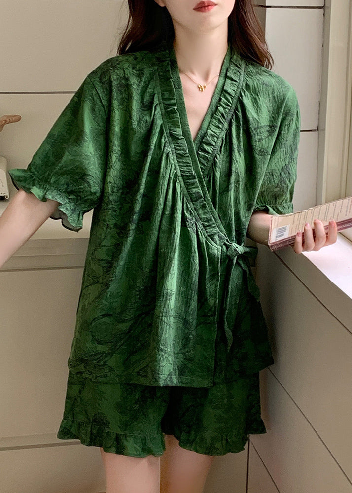 French Tea Green Ruffled Print Cotton Pajama Sets Summer