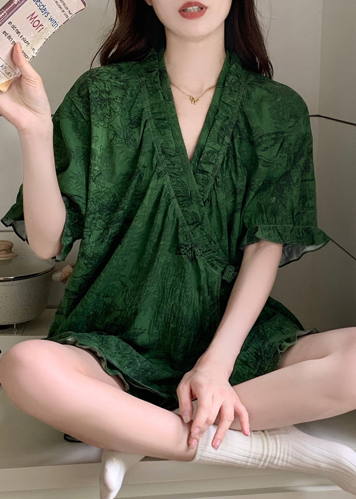 French Tea Green Ruffled Print Cotton Pajama Sets Summer