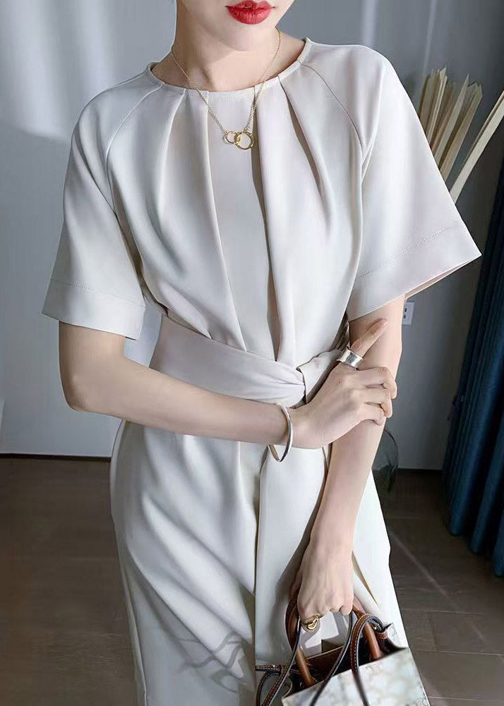 French Tie Waist Solid Long Dress Short Sleeve