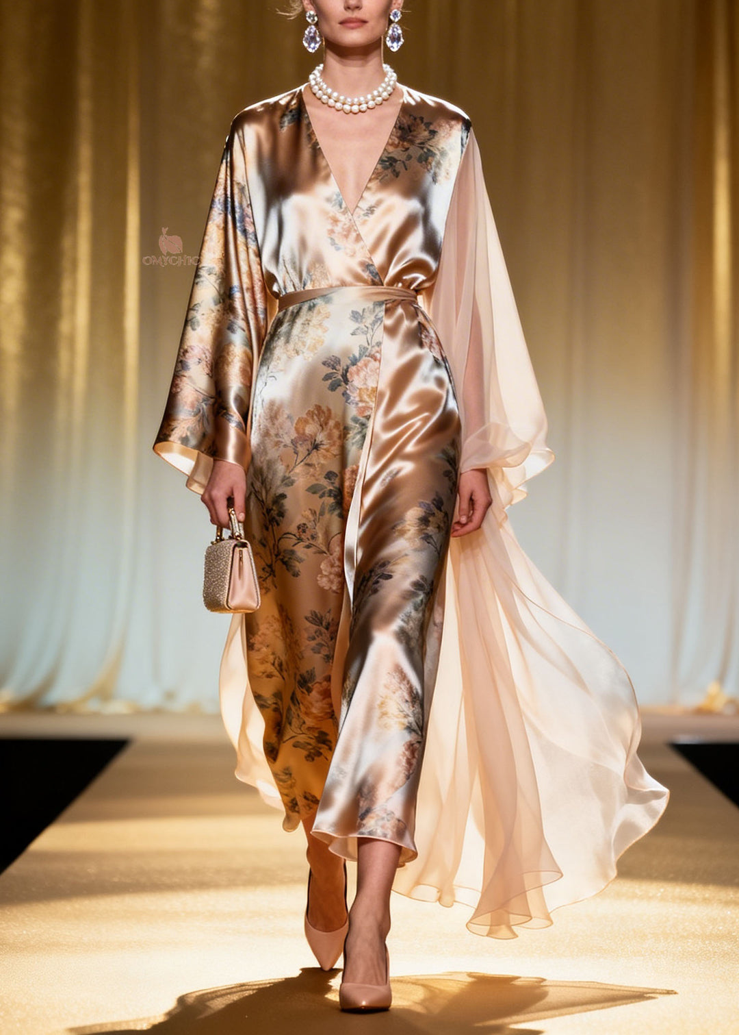 French V Neck Asymmetrical Design Patchwork Print Silk Dresses Spring