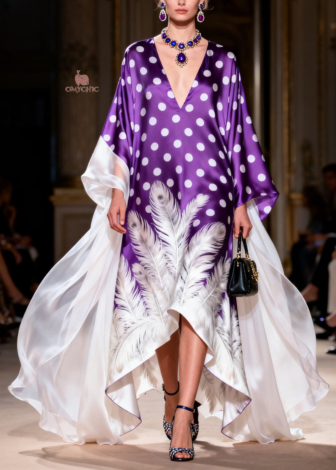 French V Neck Asymmetrical Design Print Silk Robe Dresses Summer