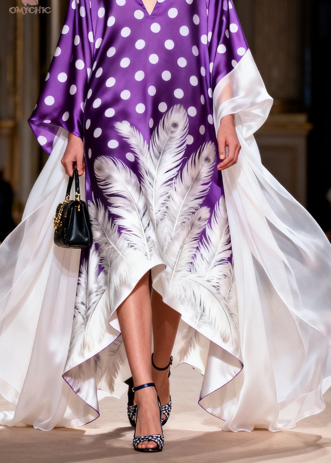 French V Neck Asymmetrical Design Print Silk Robe Dresses Summer