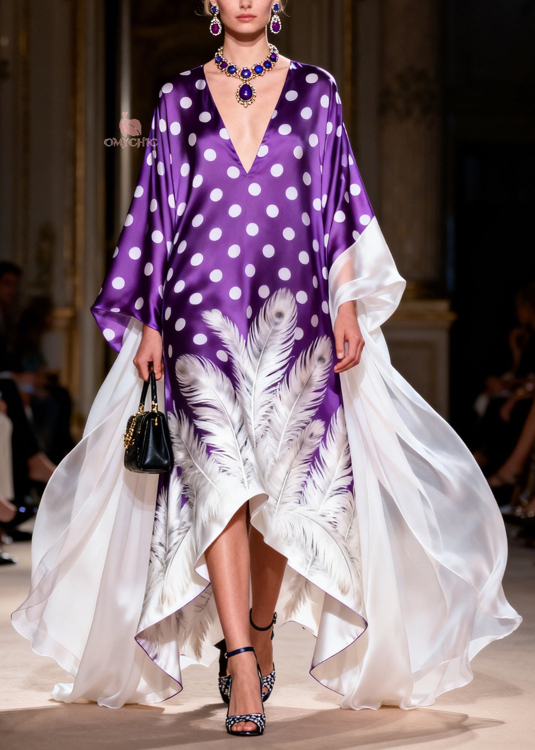 French V Neck Asymmetrical Design Print Silk Robe Dresses Summer