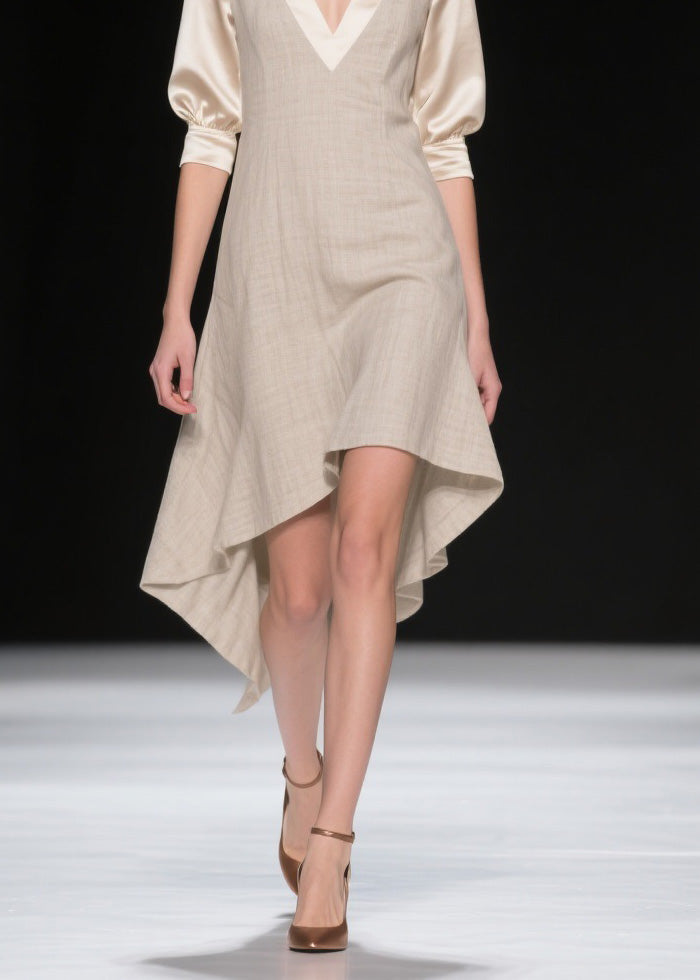 French V Neck Asymmetrical Patchwork Linen Silk Dresses Summer