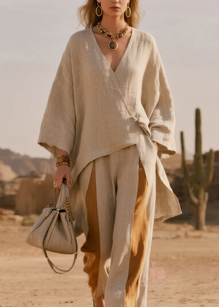 French V Neck Asymmetrical Patchwork Linen Two-Piece Set Spring