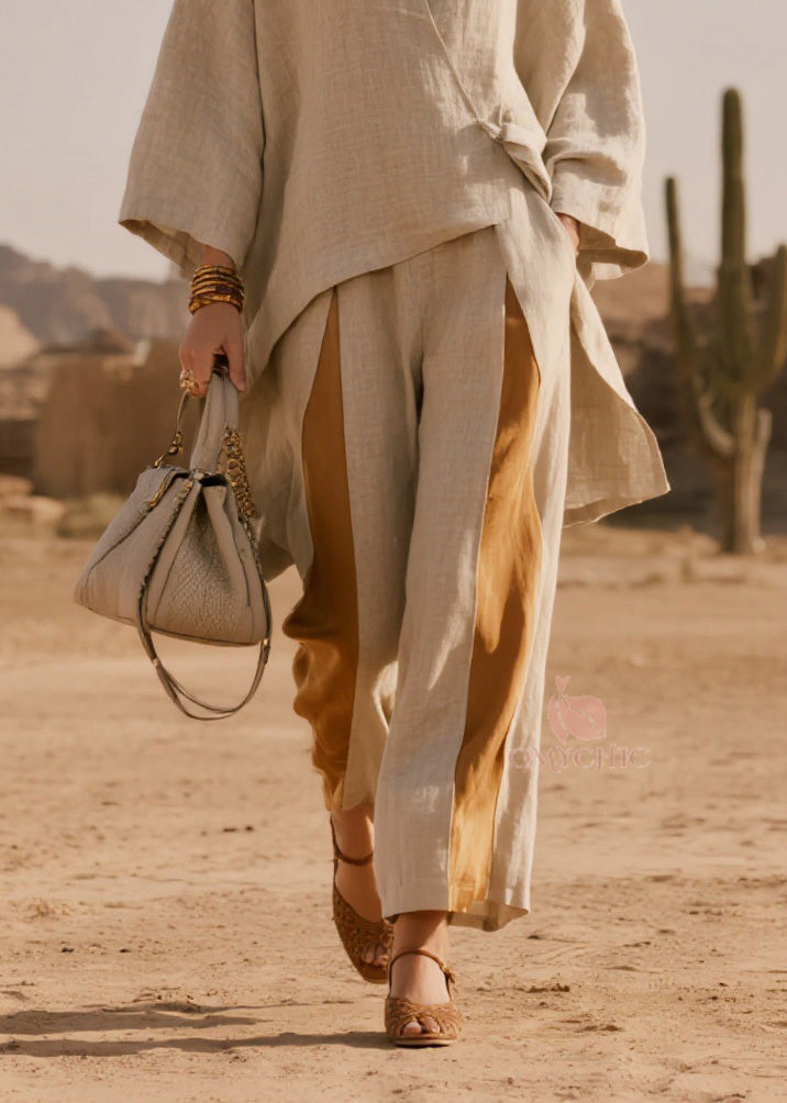 French V Neck Asymmetrical Patchwork Linen Two-Piece Set Spring