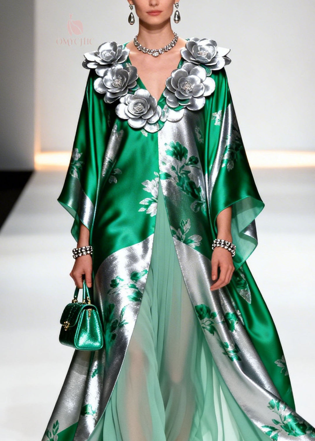 French V Neck Floral Decorated Chiffon Robe Dresses Summer