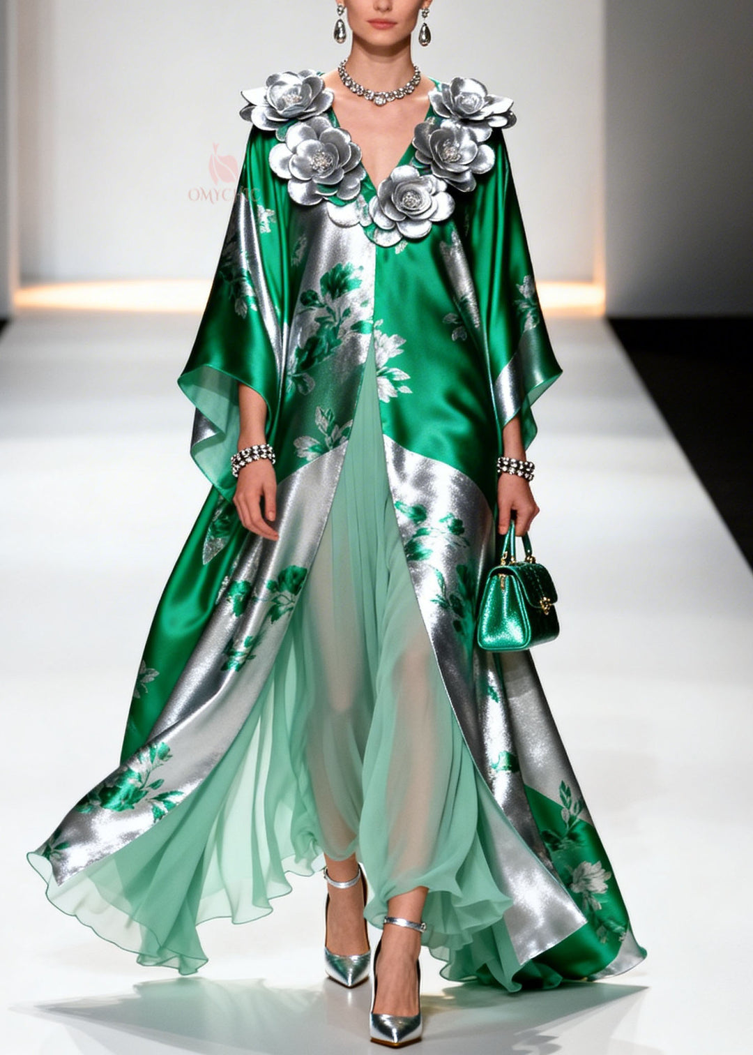 French V Neck Floral Decorated Chiffon Robe Dresses Summer