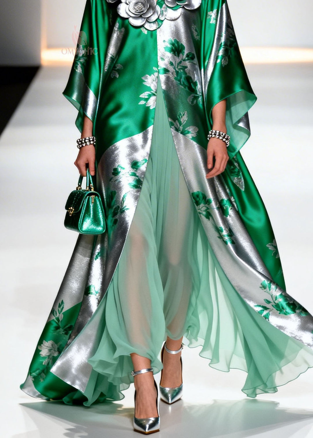 French V Neck Floral Decorated Chiffon Robe Dresses Summer