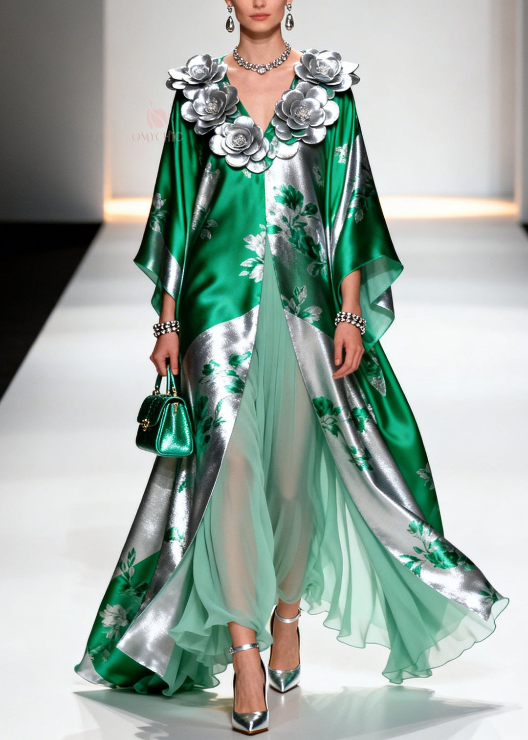 French V Neck Floral Decorated Chiffon Robe Dresses Summer