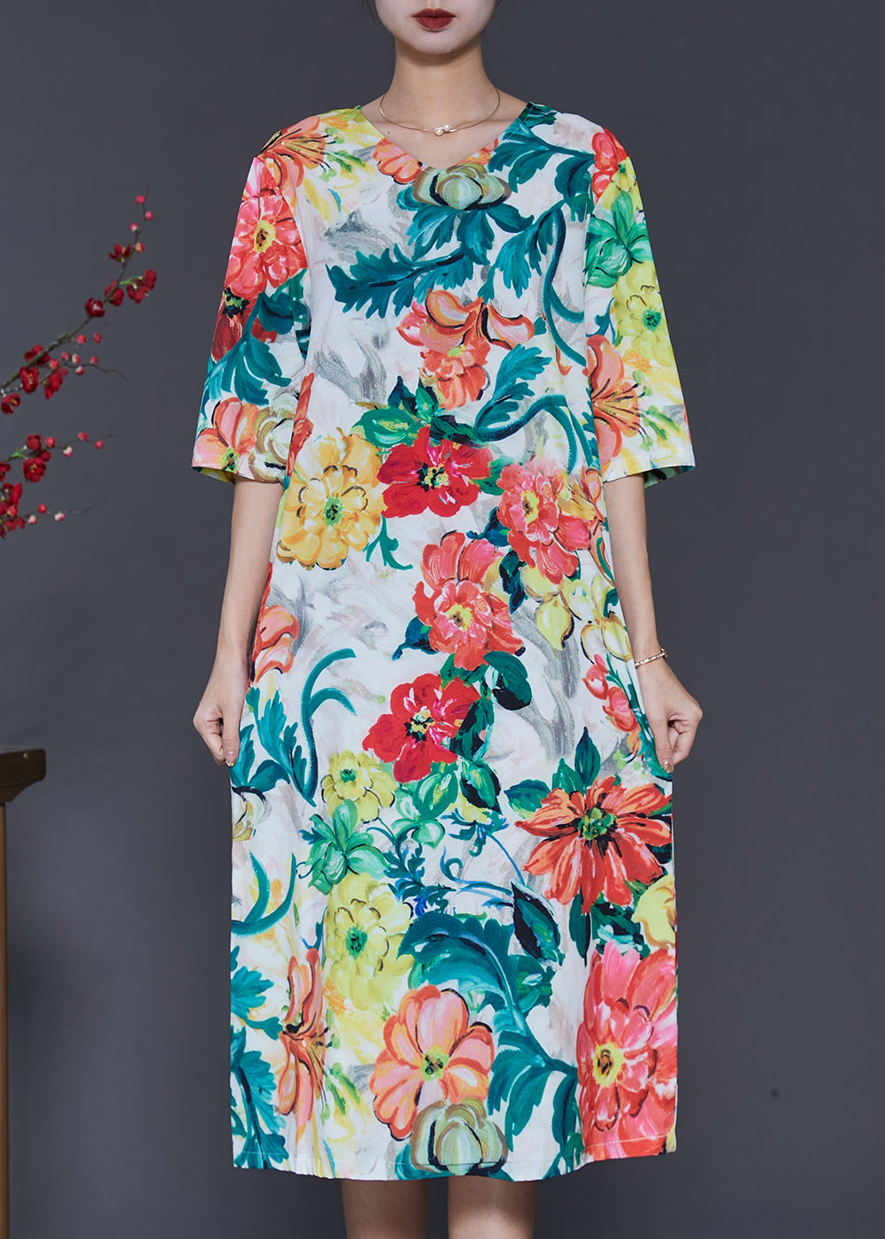 French V Neck Floral Print Silk Dress Half Sleeve