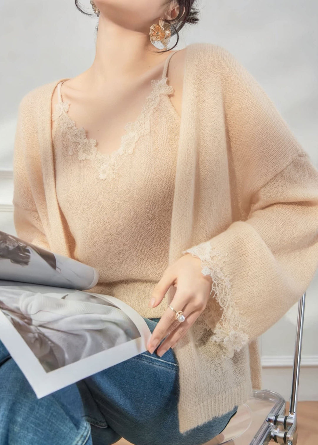 French V Neck Lace Patchwork Knit Two Pieces Set Spring