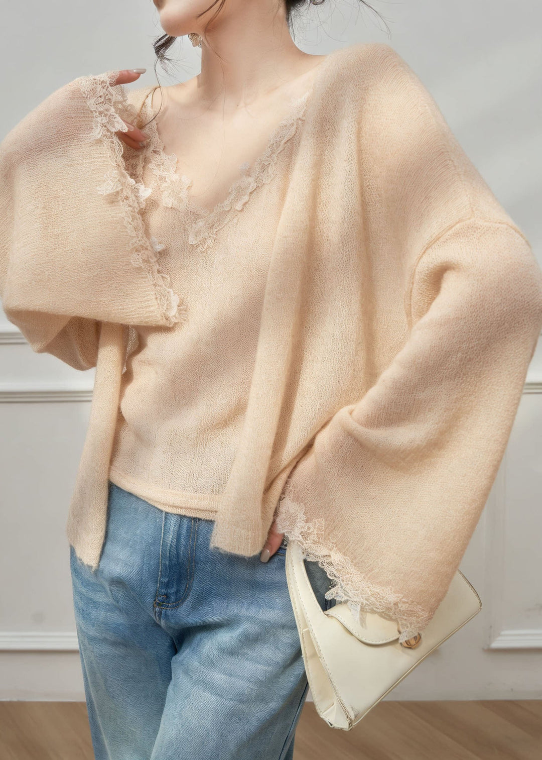 French V Neck Lace Patchwork Knit Two Pieces Set Spring