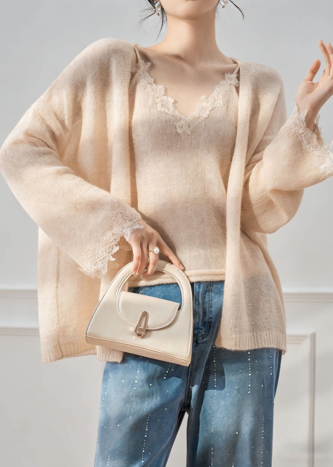 French V Neck Lace Patchwork Knit Two Pieces Set Spring