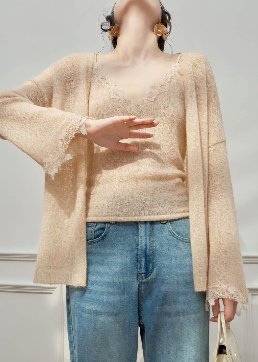 French V Neck Lace Patchwork Knit Two Pieces Set Spring