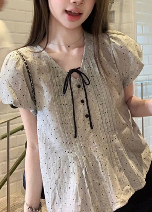 French V Neck Lace Up Puff Sleeve Wrinkled Cotton Top