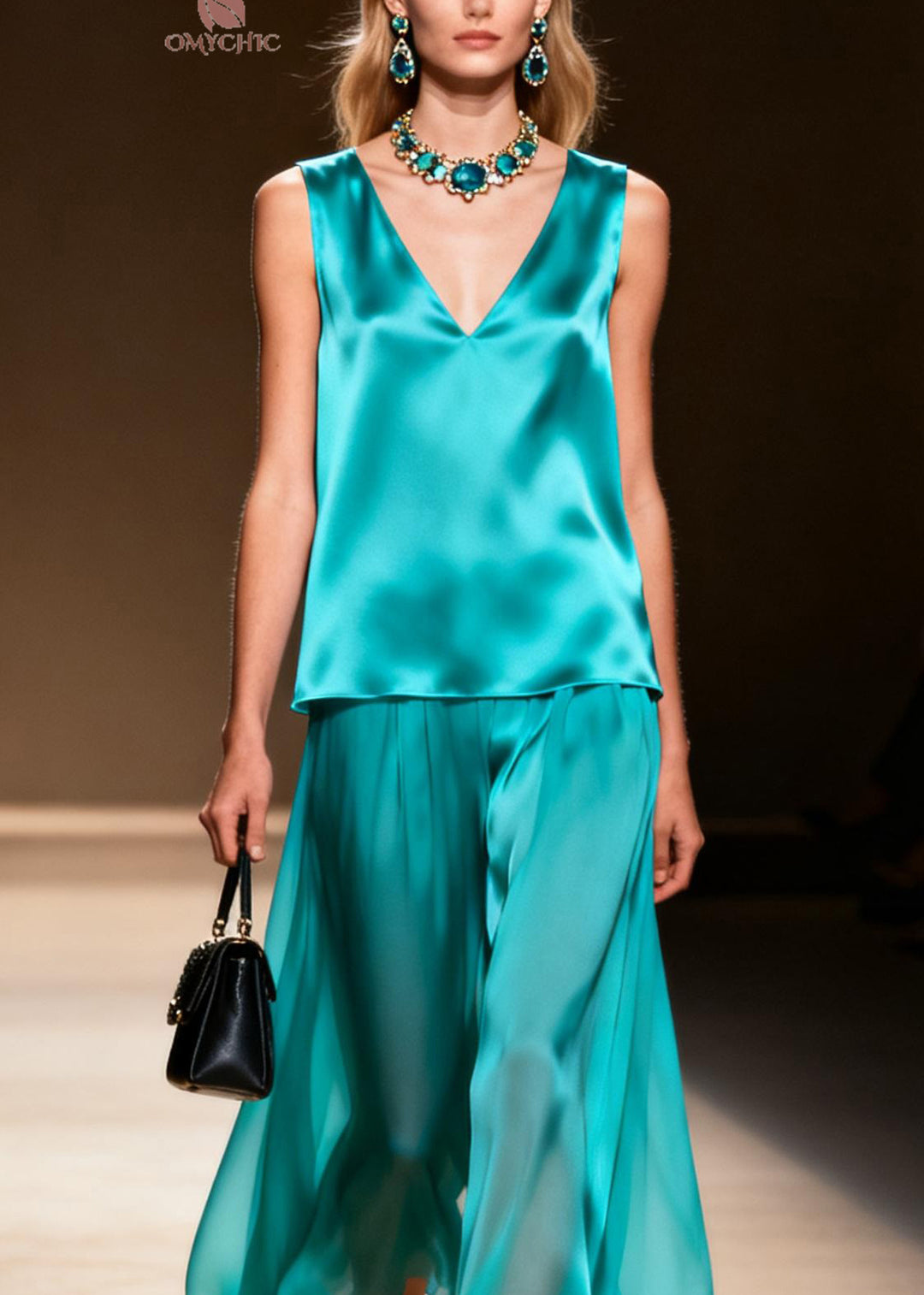 French V Neck Patchwork False Two Pieces Silk Dresses Sleeveless