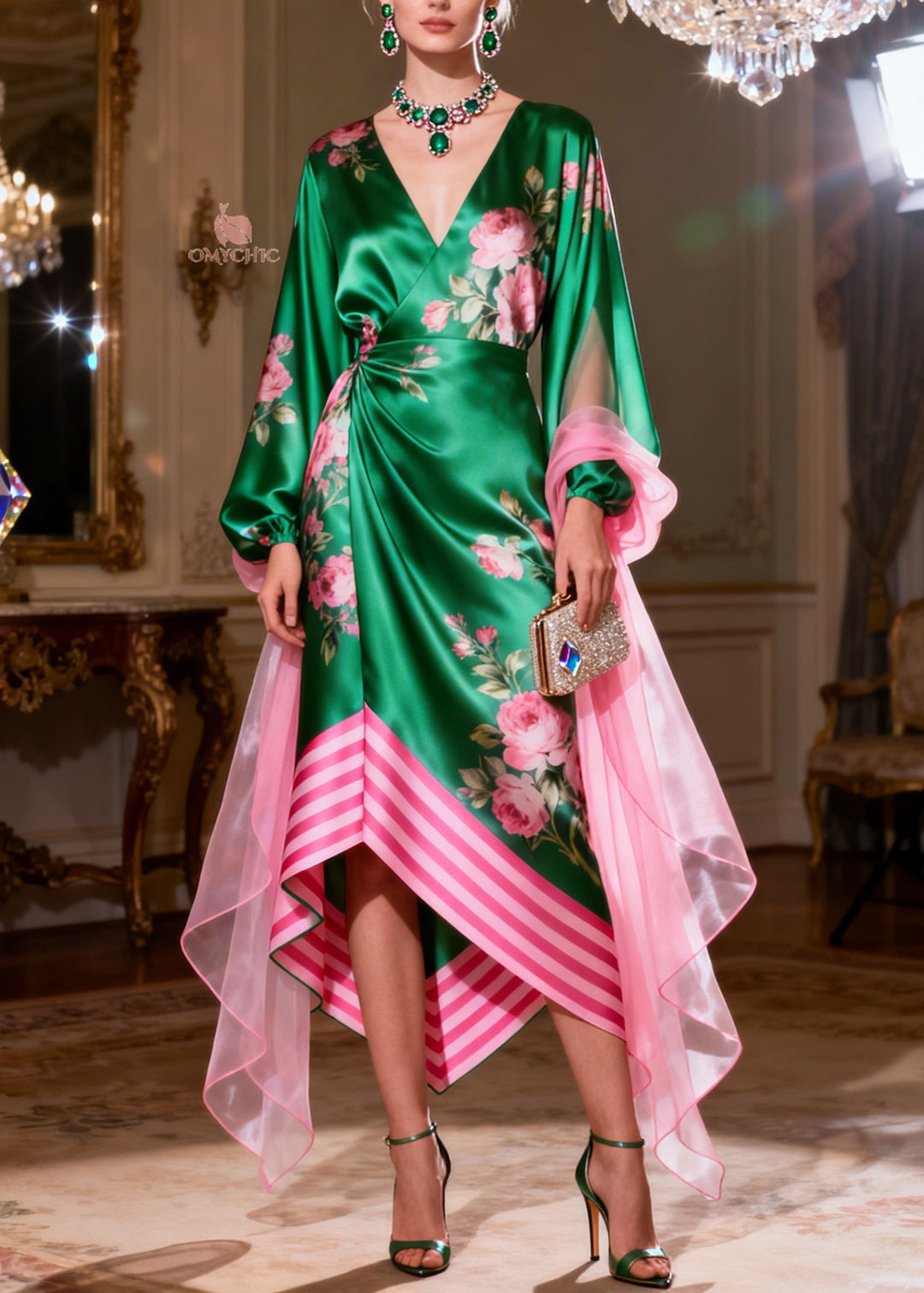 French V Neck Print Asymmetrical Design Silk Maxi Dress Summer