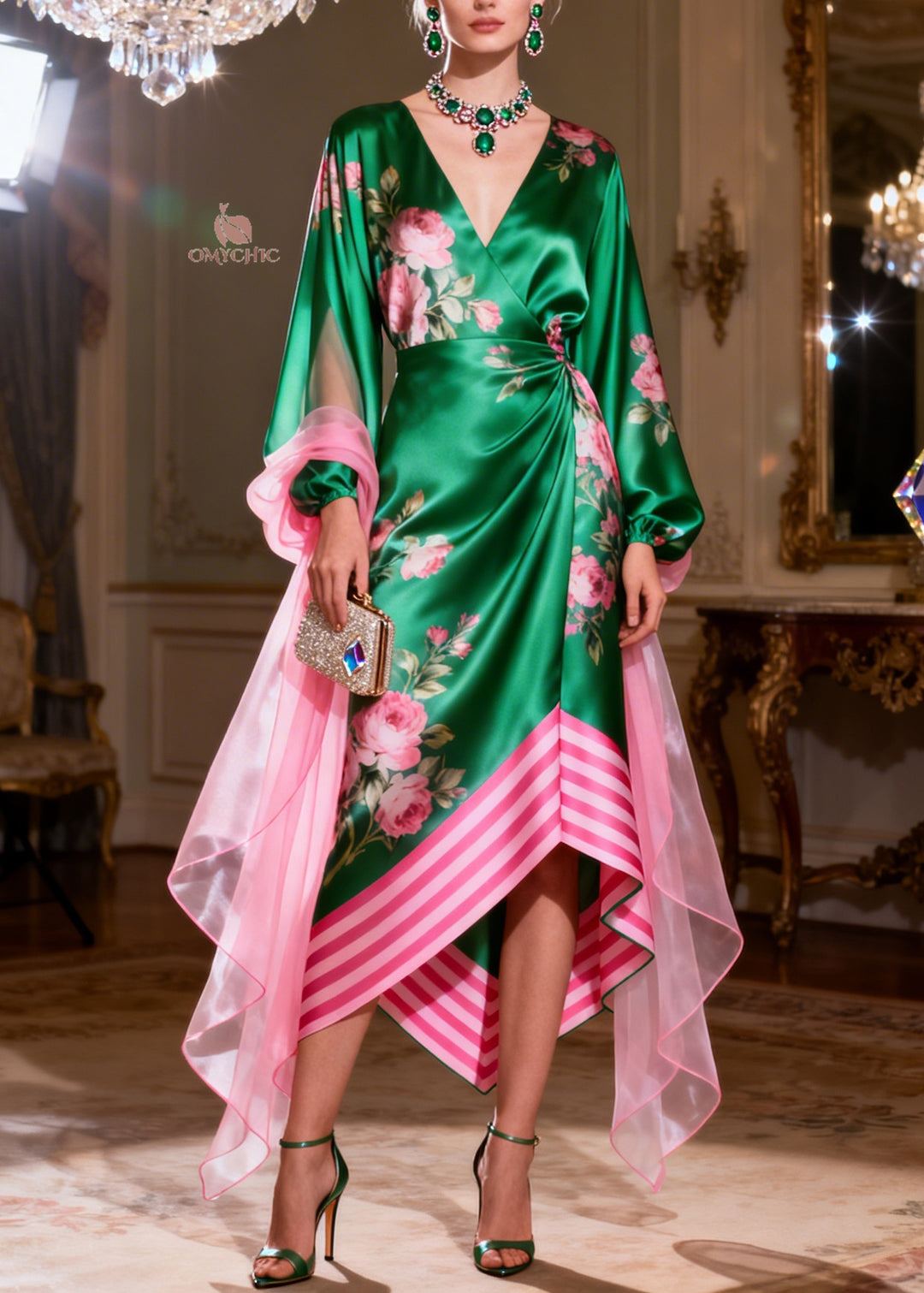 French V Neck Print Asymmetrical Design Silk Maxi Dress Summer