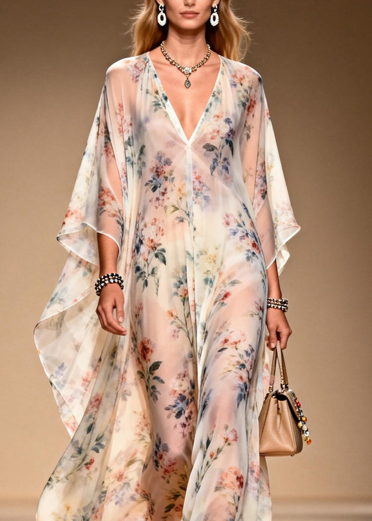 French V Neck Print Chiffon Long Dresses Summer - Omychic