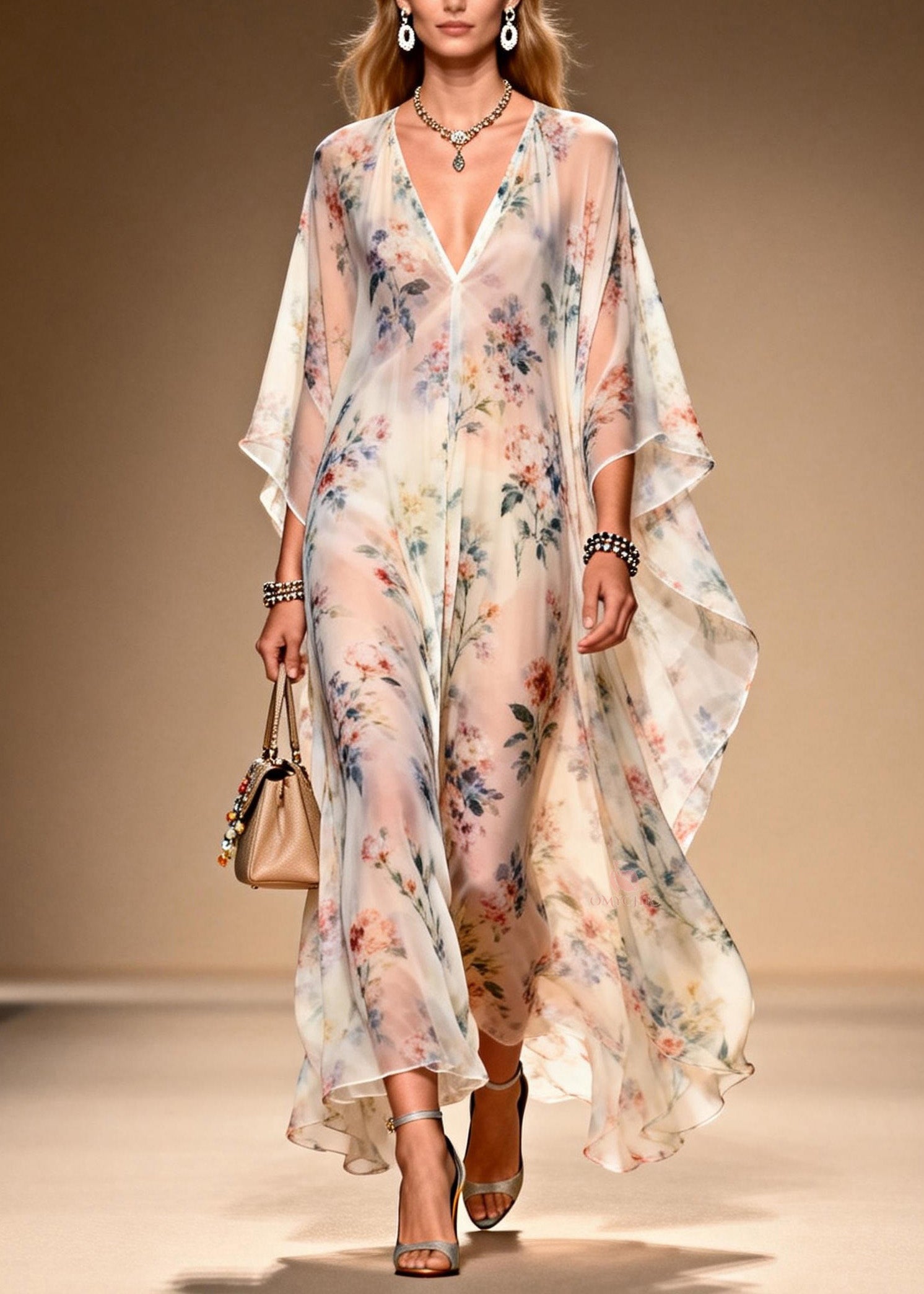 French V Neck Print Chiffon Long Dresses Summer - Omychic