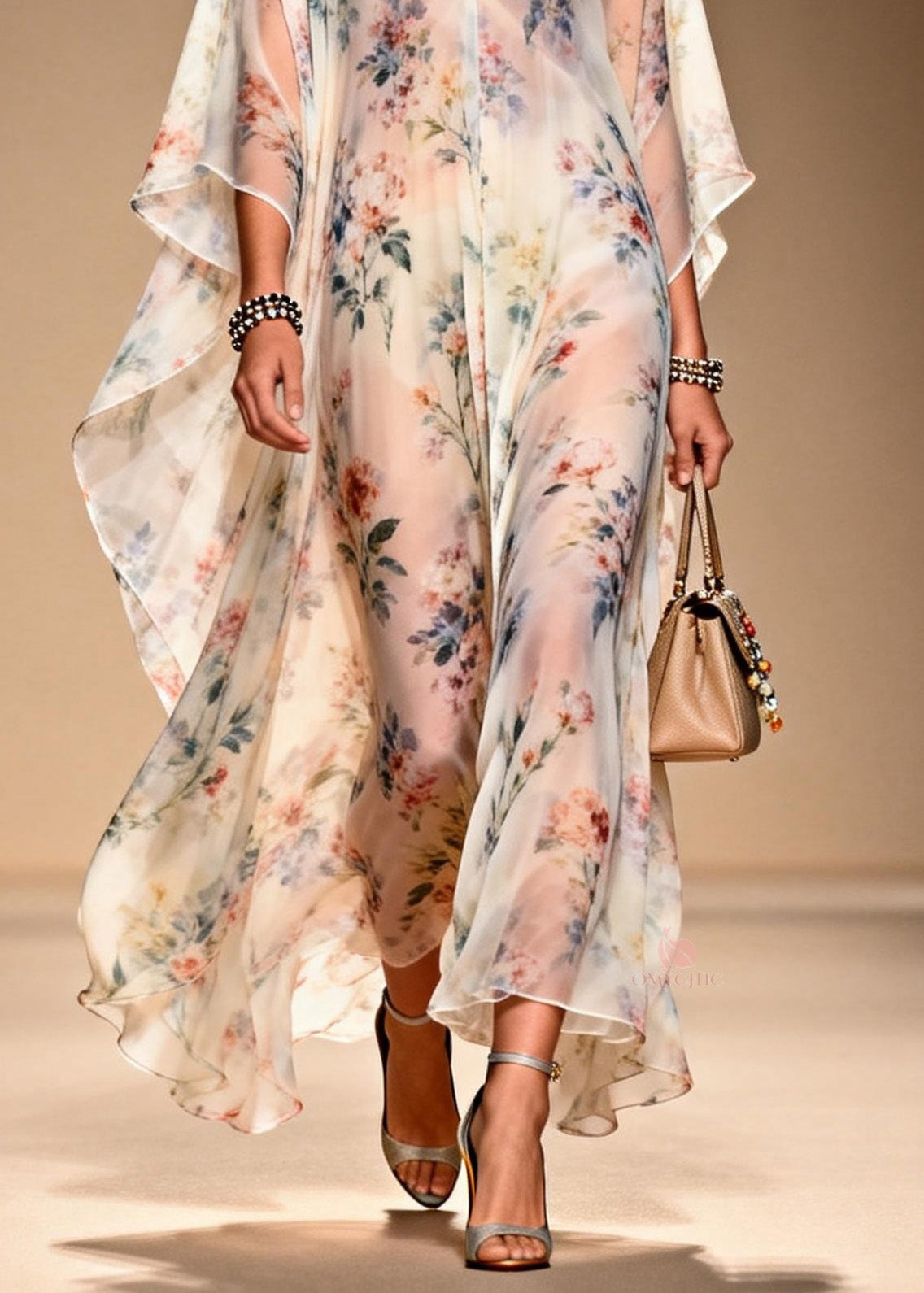 French V Neck Print Chiffon Long Dresses Summer - Omychic