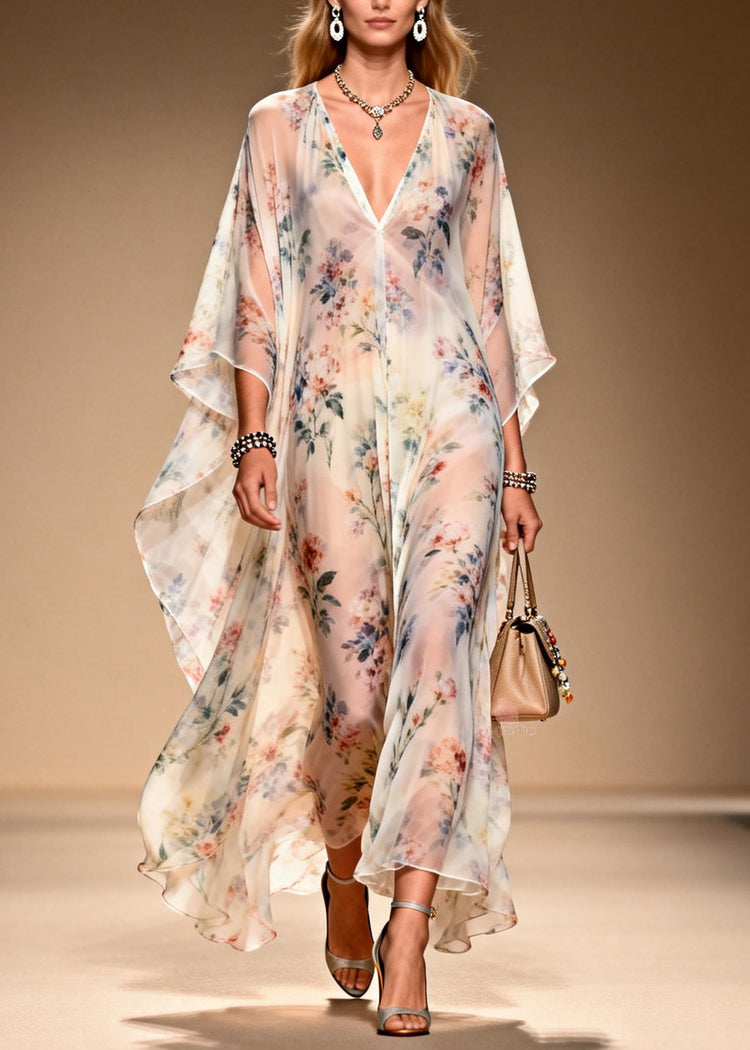 French V Neck Print Chiffon Long Dresses Summer - Omychic