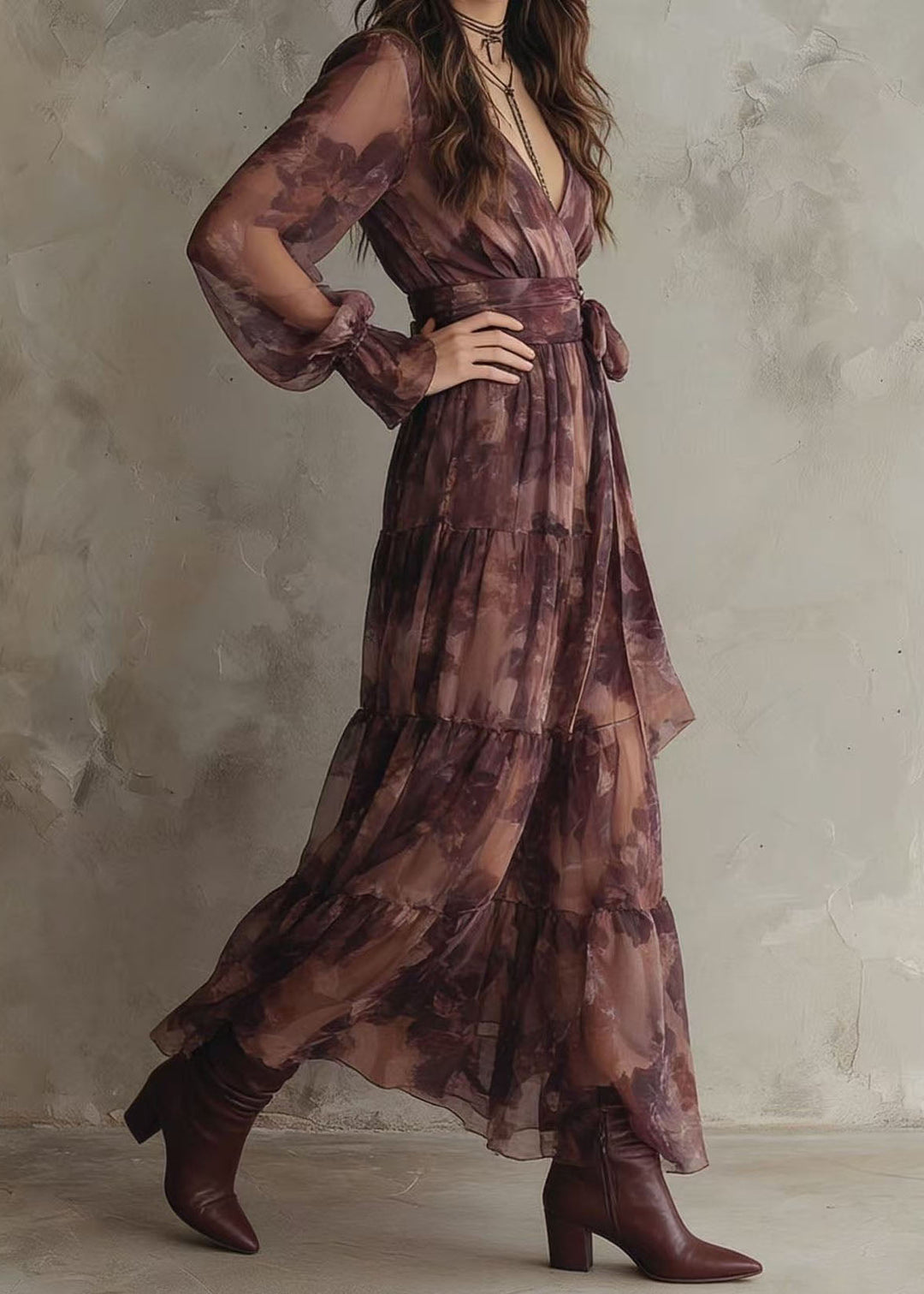 French V Neck Print Patchwork Chiffon Ankle Dress Summer