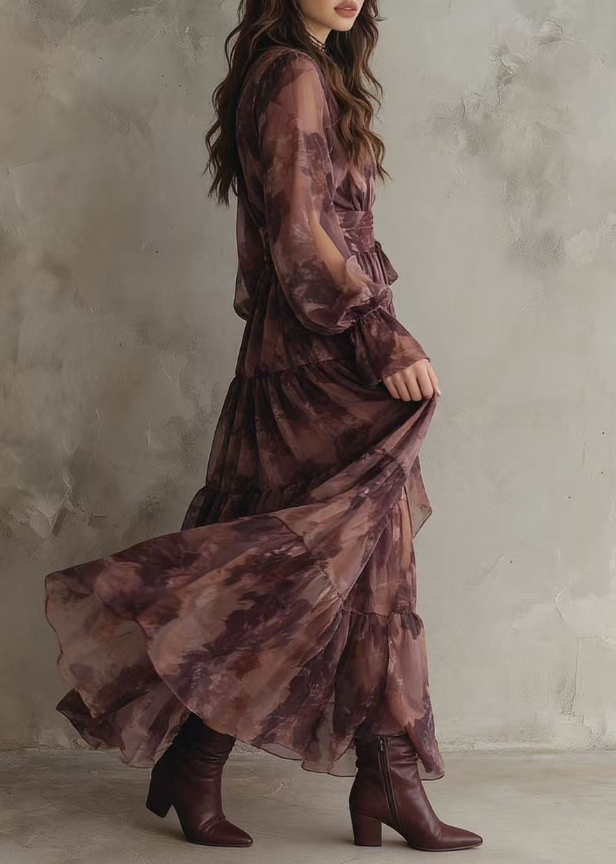 French V Neck Print Patchwork Chiffon Ankle Dress Summer
