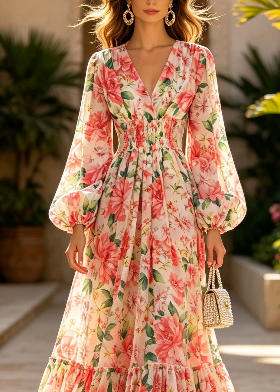 French V Neck Print Patchwork Chiffon Dress Lantern Sleeve