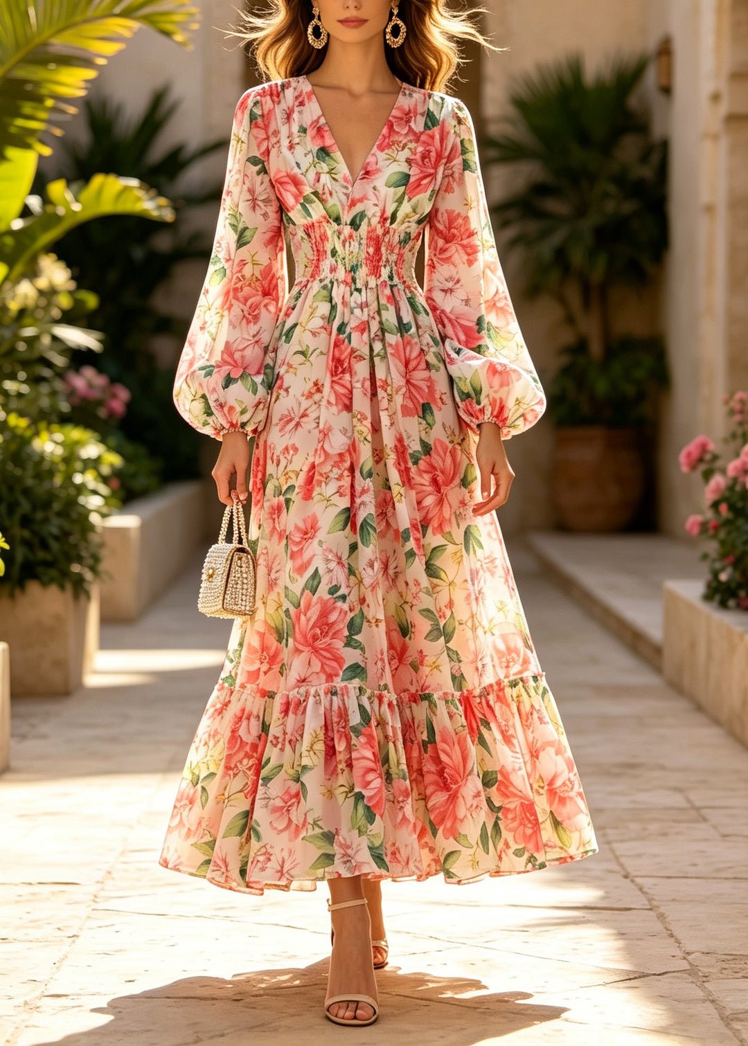 French V Neck Print Patchwork Chiffon Dress Lantern Sleeve