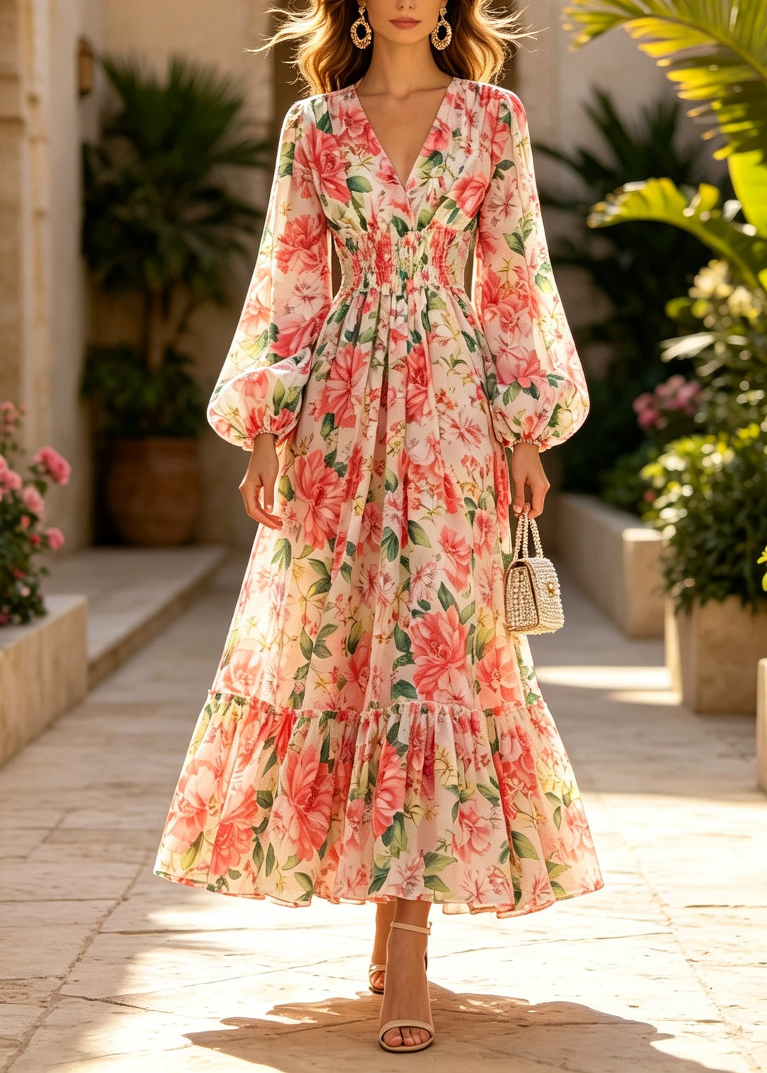 French V Neck Print Patchwork Chiffon Dress Lantern Sleeve