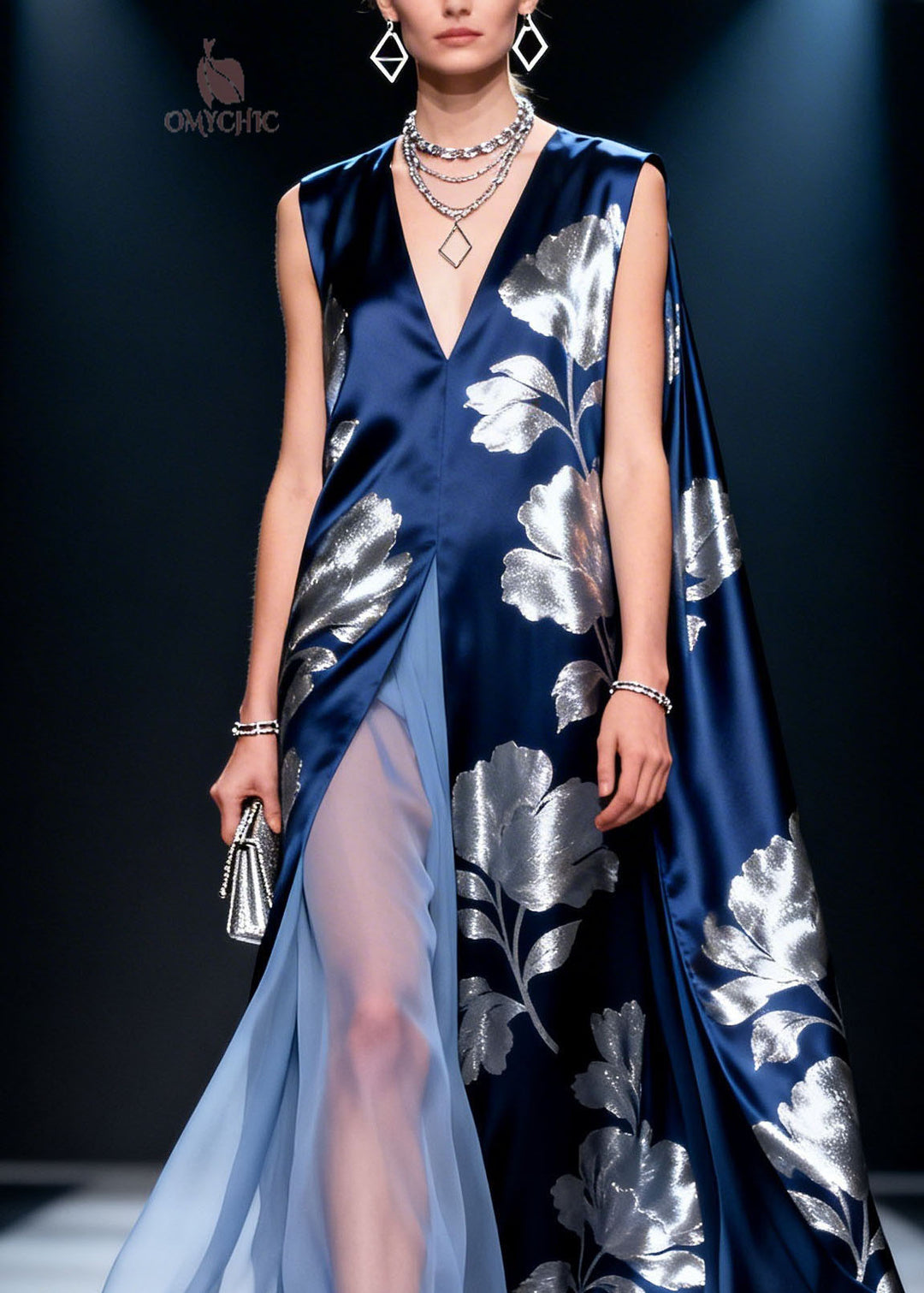 French V Neck Print Patchwork Silk Dress Sleeveless