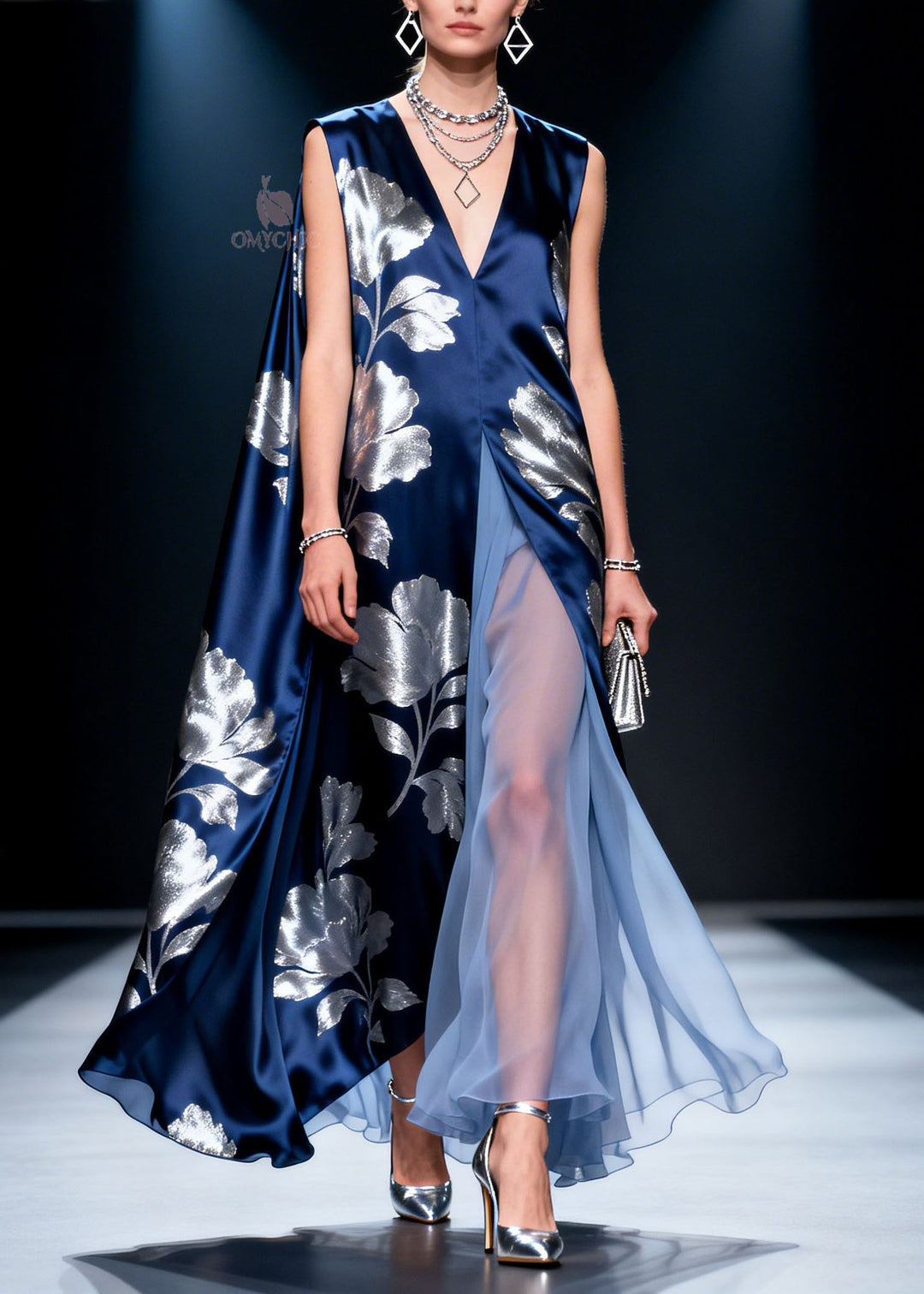 French V Neck Print Patchwork Silk Dress Sleeveless