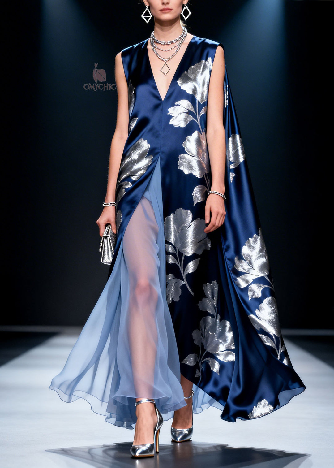 French V Neck Print Patchwork Silk Dress Sleeveless
