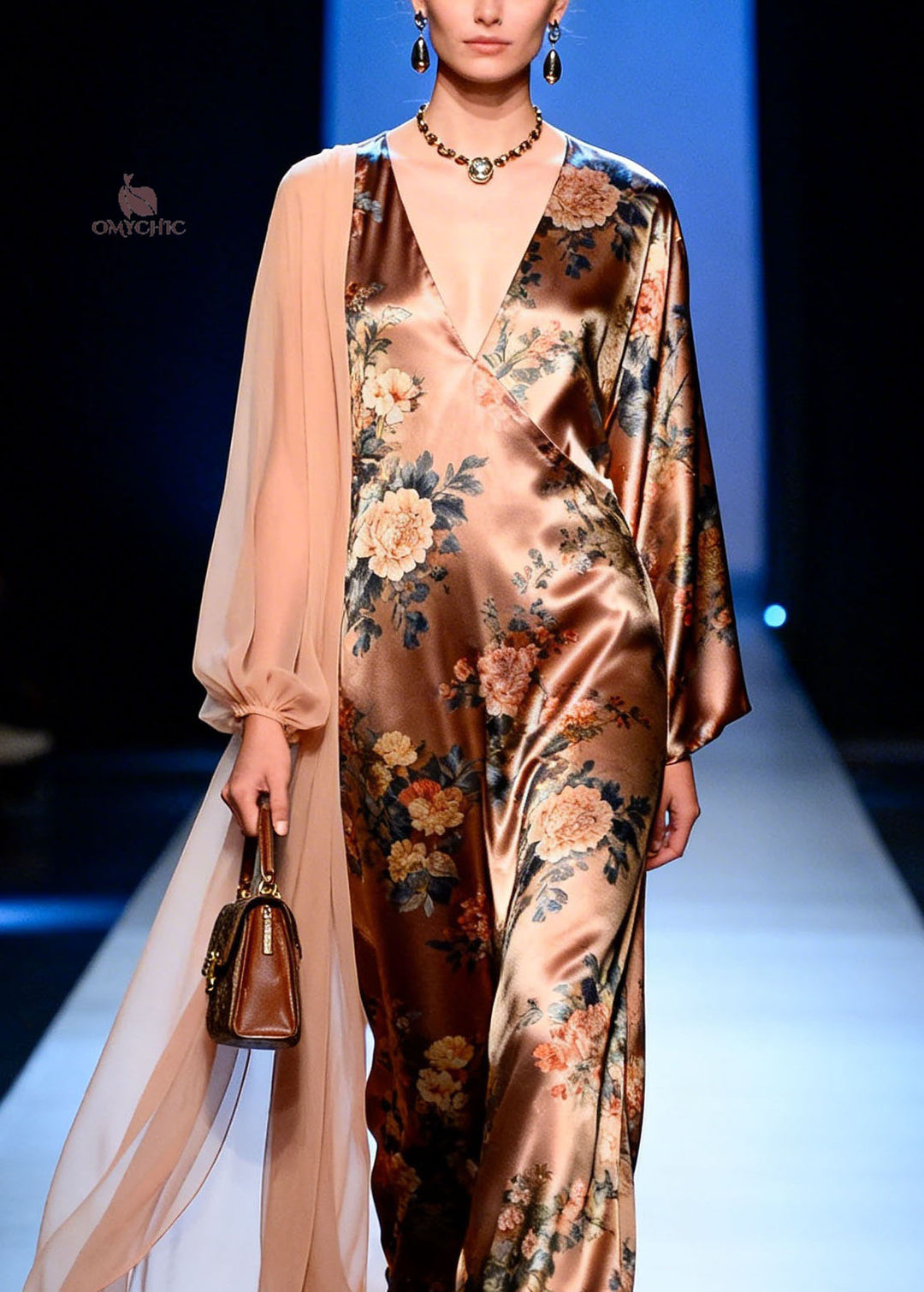 French V Neck Print Patchwork Silk Dresses Spring