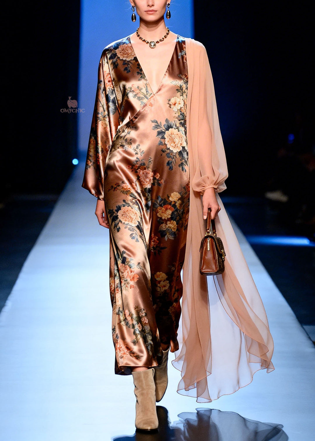 French V Neck Print Patchwork Silk Dresses Spring